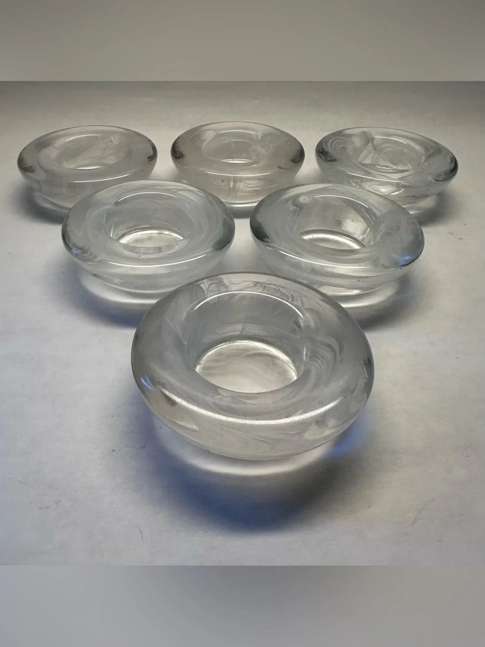 Pier 1 Tea Light Candle Holders Round Clear Glass White Swirl NIB Set of 6